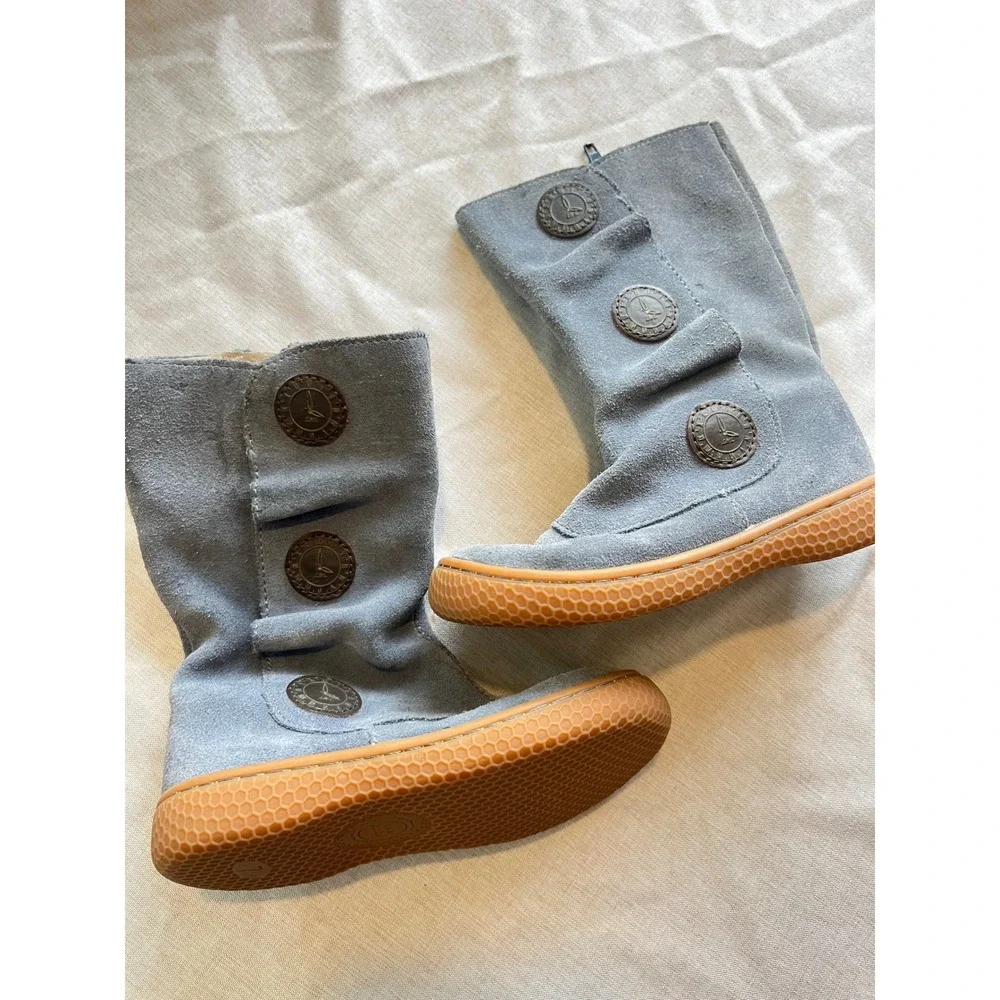 Livie & Luca Girls Blue Grey Suede‎ Leather Button Mid Calf Boots Size 7